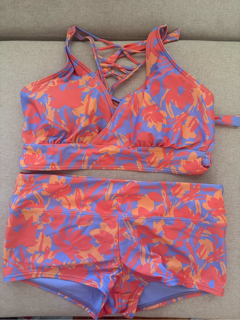 Prana Coral Orange & Lavender Floral Strappy Bikini Set